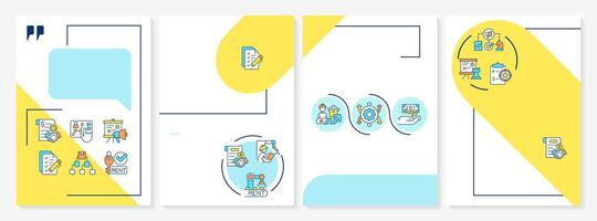 Contract manufacturing yellow and blue brochure template. Benefits, agreements and business tips. Leaflet design with linear icons. Editable 4 layouts vector