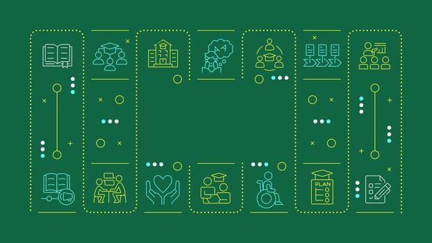 IEP green word concept. Individualized education program in school. Inclusive learning. Horizontal image. Headline text surrounded by editable outline icons vector