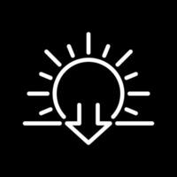 Sunset white linear icon for dark theme. Sun and downward arrow symbol. Evening time. Dusk. Transition from day to night. Thin line illustration. Isolated symbol for night mode. Editable stroke vector