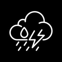 Storm white linear icon for dark theme. Weather forecast. Cloud with raindrops and lightning bolt. Thunderstorm. Severe weather. Thin line illustration. Isolated symbol for night mode. Editable stroke vector