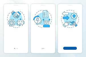RPA types blue onboarding mobile app screen. Systems automation walkthrough 3 steps editable graphic instructions with linear concepts. UI, UX, GUI template vector