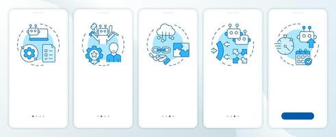 Benefits of RPA blue onboarding mobile app screen. Robotization walkthrough 5 steps editable graphic instructions with linear concepts. UI, UX, GUI template vector
