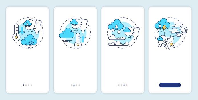 Weather fronts onboarding mobile app screen. Climate walkthrough 4 steps editable graphic instructions with linear concepts. UI, UX, GUI template vector