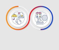 Climate vs weather infographics circles sequence. Long and short term atmospheric phenomena. Visualization layout with 2 steps. Info chart loop process presentation vector