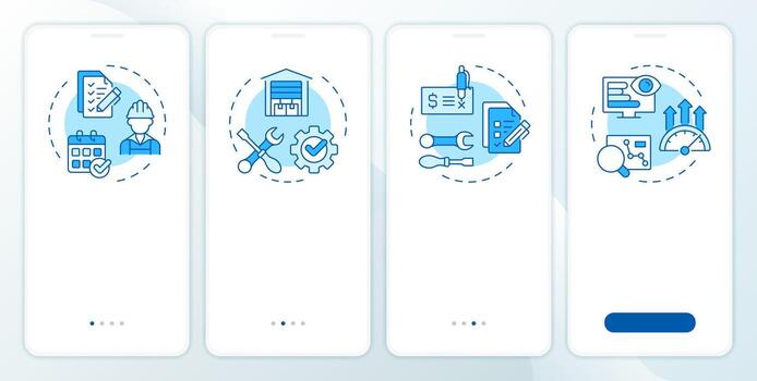 Key components of FSM blue onboarding mobile app screen. Walkthrough 4 steps editable graphic instructions with linear concepts. UI, UX, GUI template vector