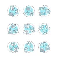 Field service management soft blue concept icons. Optimization in FSM operations. Managing workforce, equipment, assets. Icon pack. Round shape illustrations. Abstract idea vector