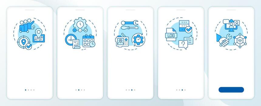 Real-time tracking and monitoring blue onboarding mobile app screen. Walkthrough 5 steps editable instructions with linear concepts. UI, UX, GUI template vector