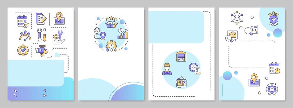 Field service management blue circle brochure template. FMS system. Real-time tracking. Leaflet design with linear icons. Editable 4 layouts vector