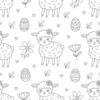 Spring seamless pattern with Easter eggs, flowers and little funny lambs. Illustration in doodle hand drawn style, black outline. Great for coloring, wrapping paper vector