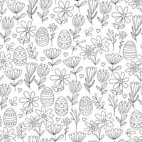 Spring seamless pattern with Easter eggs and flowers. Illustration in doodle hand drawn style, black outline. Great for coloring, wrapping paper vector
