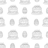Spring seamless pattern with Easter eggs and cakes. Illustration in doodle hand drawn style, black outline. Great for coloring, wrapping paper vector