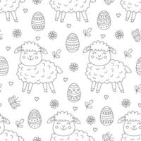 Spring seamless pattern with Easter eggs, flowers, little funny lambs and butterflies. Illustration in doodle hand drawn style, black outline. Great for coloring, wrapping paper vector