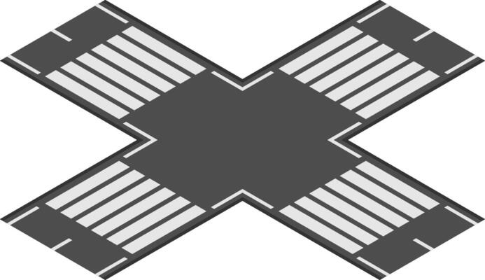 Four crosswalks and roads intersecting in an x shape, captured from above, illustrating concepts of urban planning, pedestrian safety, and traffic flow in a city environment