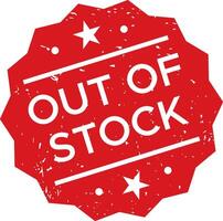 Red grunge style out of stock rubber stamp with stars and lines on a white background, indicating unavailability of a product, sold out items, or inventory depletion vector