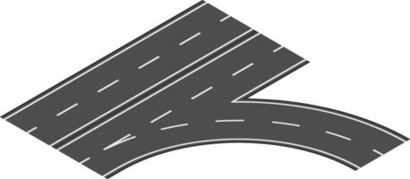 Aerial view of a curved highway road junction turning right, featuring white lane dividers on a gray asphalt surface against a white background vector