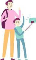 Father and son, both smiling brightly, are capturing a joyful selfie with a selfie stick while waving their hands, celebrating their exciting travel adventure together vector