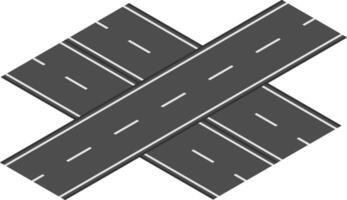 Intersecting roads forming a cross shape with white lane markings on dark asphalt, creating a simple representation of an intersection against a clean white backdrop vector
