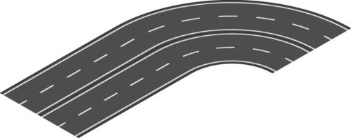 Two lane highway making a gentle curve with white lane markers on a dark gray surface, offering a simple yet effective representation of transportation and infrastructure vector