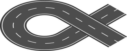 Grey winding road with white dashed lines forming an infinity symbol representing infinite possibilities, continuous improvement, or endless journey vector