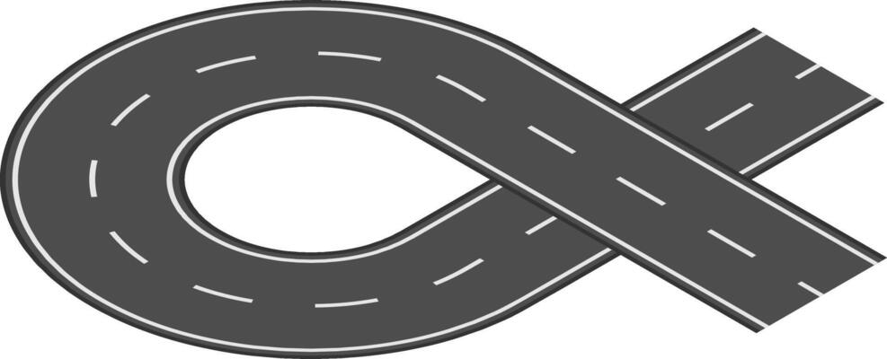 Grey winding road with white dashed lines forming an infinity symbol representing infinite possibilities, continuous improvement, or endless journey