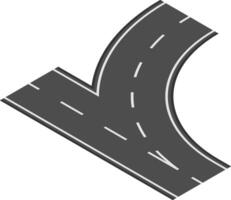 Isometric projection depicting a right turning road intersecting another road, featuring dashed and solid white lines on a dark gray surface, illustrating transportation concepts vector