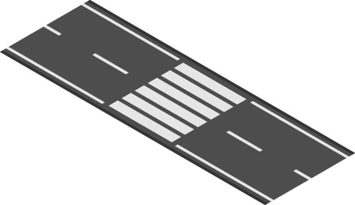 Isometric view of pedestrian crossing on asphalt road marking a safe designated area for people to cross, emphasizing road safety and urban infrastructure