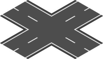 Crossroads forming an x shape with dark gray asphalt and white stripes representing intersection, road, path, choice, decision, direction, transportation, travel, infrastructure, and network vector