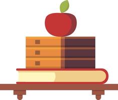 Stacked books and notebooks supporting a red apple, symbolizing knowledge, learning, and education, are placed on a wooden shelf, creating a back to school atmosphere vector