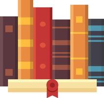 Colorful books standing upright on a shelf with a rolled up diploma featuring a red ribbon and seal, symbolizing academic success and the completion of studies vector