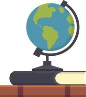 Globe resting on an open book atop a wooden surface, representing themes of education, learning, geography, travel, and exploration across the world vector