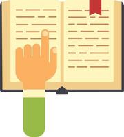 Hand with index finger extended points to an open book with a red bookmark, illustrating the concepts of reading, studying, learning, and education vector