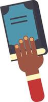 Hand with a vibrant red sleeve holding a blue covered book featuring a black spine, symbolizing the importance of reading and education through a striking visual representation vector