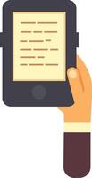 Hand holding an e reader with lines of text displayed on the screen, highlighting the experience of reading an e book or digital document in a modern, portable format vector