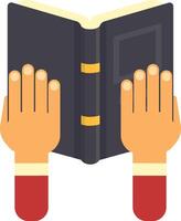 Two hands holding and reading a large open book with a dark cover and golden details on the spine, conveying the concept of studying and enjoying literature vector