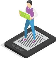 Online library isometric concept with student standing on ebook reader holding open book, enjoying reading electronic version of textbook, learning using innovative technologies vector