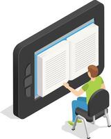 Young student sitting comfortably on a chair, engrossed in reading a large ebook displayed on a giant tablet, illustrating the concept of online education and e learning in an isometric design vector