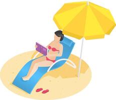 Woman enjoying a summer vacation, relaxing on a beach chair under a bright yellow parasol, absorbed in a book while basking in the warmth of the sandy beach vector