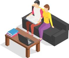 Young couple enjoying reading a book together, sitting on a comfortable sofa in their living room, with a laptop and other books nearby on a coffee table, creating a cozy and relaxing atmosphere vector
