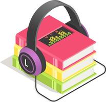 Headphones are playing an audiobook from a stack of colorful books, with a digital equalizer display showing the audio levels on the top book, representing the concept of audiobooks and learning vector