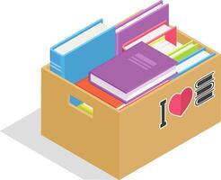 Cardboard box containing colorful books with an i love books sticker promotes the joy and importance of reading, symbolizing a passion for literature and knowledge vector