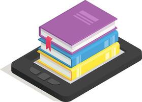 Isometric view of a stack of colorful books with bookmarks placed on top of a black e reader, representing the concept of digital library and ebooks vector