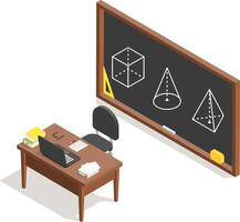 Geometry lesson featuring a teacher's desk with a laptop and books, surrounded by drawings of set squares, cones, cubes, and pyramids on the blackboard in a vibrant classroom setting vector