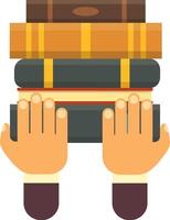 Two hands gently cradling a vibrant stack of colorful books, highlighting the vital role of knowledge, reading, and libraries in fostering education and personal growth vector