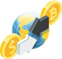 Global isometric view of exchanging bitcoin and dollar with white background representing cryptocurrency exchange, digital currency, and global finance vector