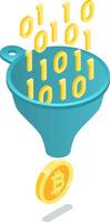 Binary code is being processed through a funnel, transforming into a bitcoin cryptocurrency, symbolizing data mining or cryptocurrency generation vector