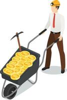 Businessman wearing a mining helmet and pushing a wheelbarrow full of golden bitcoin coins, cryptocurrency mining concept, isometric illustration on white background vector