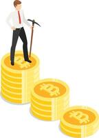 Businessman holding pickaxe standing on growing stacks of cryptocurrency coins representing successful mining and investment in isometric view vector