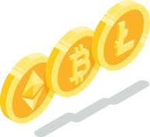 Three gold coins showing bitcoin, ethereum and litecoin symbols represent the growing cryptocurrency market and decentralized digital money trading vector