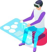 Software developer wearing a vr headset is sitting and interacting with virtual reality data, manipulating holographic charts and diagrams with his hands vector