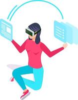 Woman wearing virtual reality headset is browsing documents and files in virtual reality interface, innovative technology for business and education vector